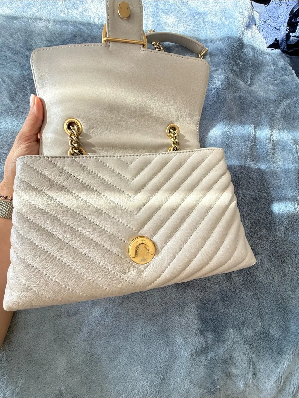 PINKO Love Bag Chevron Greige Leather Gold Chain Shoulder Bag